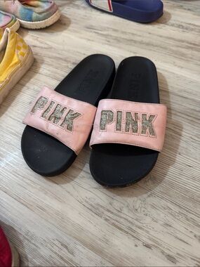 PINK Victoria's Secret Pink Glitter Logo Slide Sandals